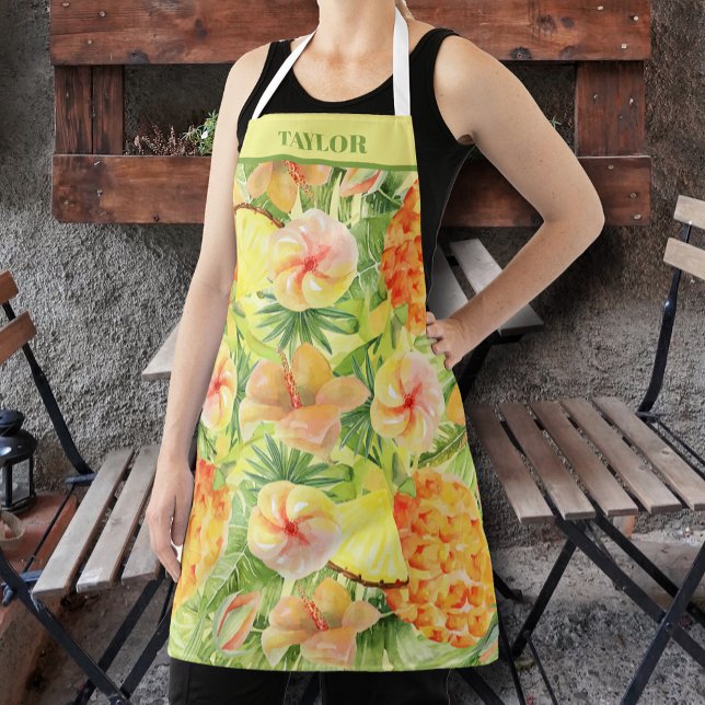 Ananas und Blume Personalisiert Schürze (Pineapple and tropical flowers personalized apron)
