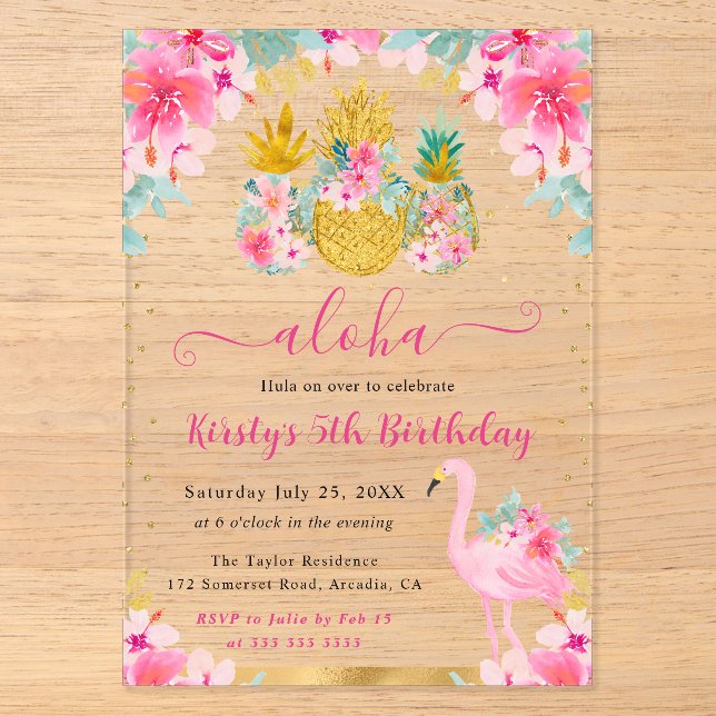 Ananas und Flamingo Kindergeburtstag Acryleinladungen (Vorderseite)