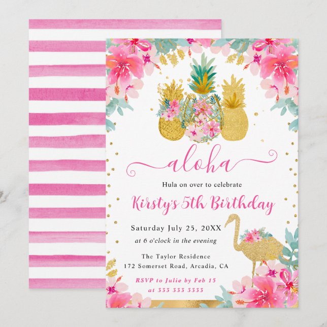 Ananas und Flamingo Kindergeburtstag Einladung (Vorne/Hinten)