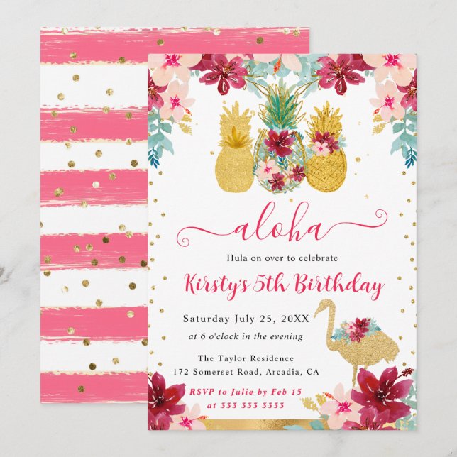 Ananas und Flamingo Kindergeburtstag Einladung (Vorne/Hinten)