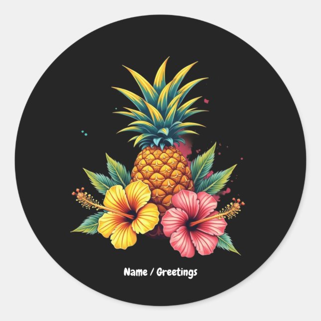 Ananas und Hibiskus Floral Hawaii Summer Beach Runder Aufkleber (Vorderseite)