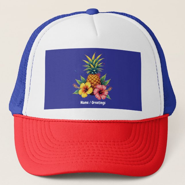 Ananas und Hibiskus Floral Hawaii Summer Beach Truckerkappe (Vorderseite)