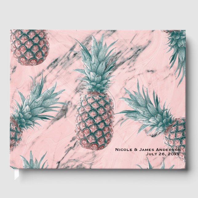 Ananas und rosa Marmor Swirl Moderne schicke Hochz Gästebuch (Vorderseite)