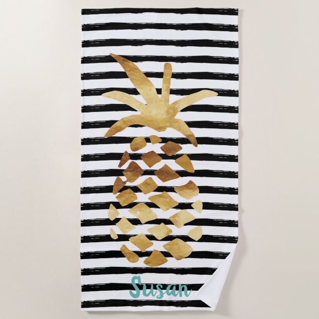 Ananas und Streifen - Anpassen mit Ihrem Namen Strandtuch (Vorderseite)