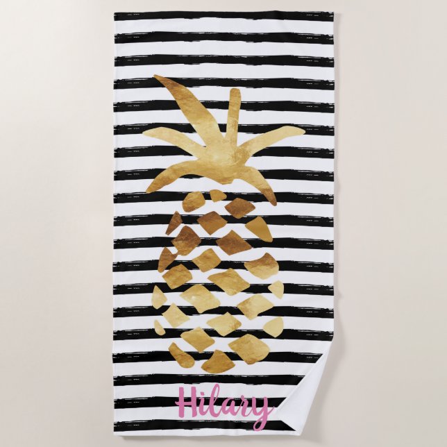 Ananas und Streifen - Anpassen mit Ihrem Namen Strandtuch (Vorderseite)