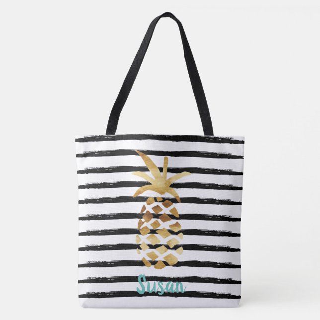 Ananas- und Streifen-Tasche - Anpassen mit Namen Tasche (Vorderseite)