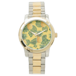 Ananas und tropische Blätter auf Gold Armbanduhr