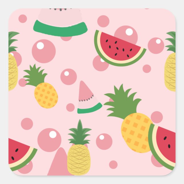 Ananas und Wassermelone Frucht Rosa Quadratischer Aufkleber (Vorderseite)