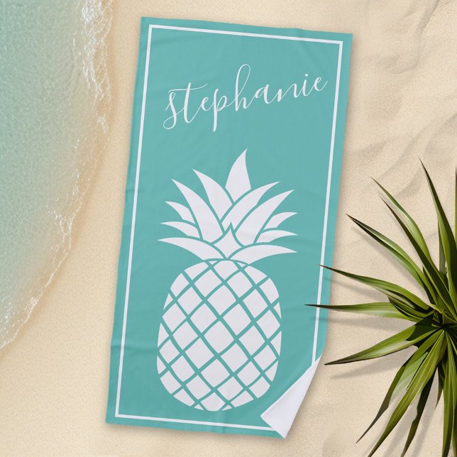 Ananas und Whimsical aqua handschriftlich Strandtuch (Personalized Beach Towel - Photo Collage -- Whimsical Pineapple with a place to add your name)