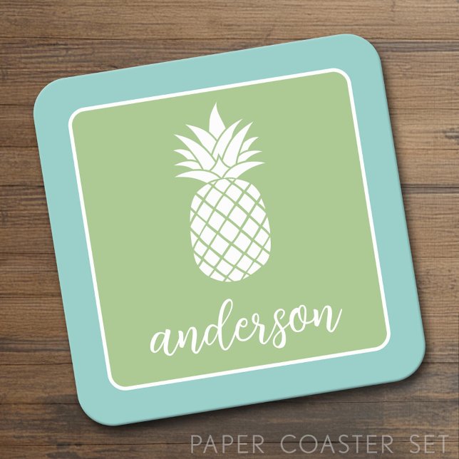 Ananas und Whimsical grün aquamarin - Skriptname Rechteckiger Pappuntersetzer (Custom Coaster)