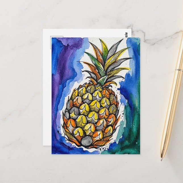 Ananas-Wasserfarbe-Doodle Postkarte (Vorderseite/Rückseite Beispiel)