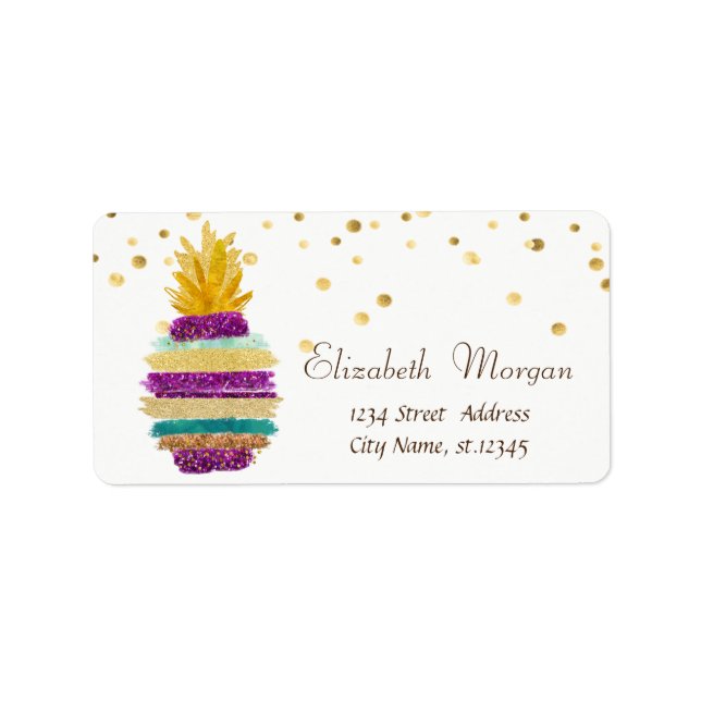 Ananas, weiß, Imitate Gold Foil Confetti Adressaufkleber (Vorne)