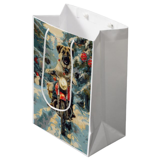 Anatolian Shepherd Dog Riding Motorrad Weihnachten Mittlere Geschenktüte (Vorderseite Schrägansicht)