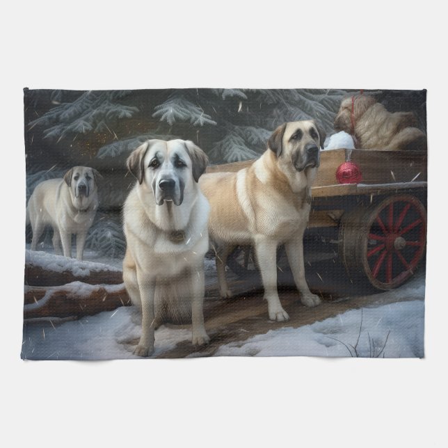 Anatolian Shepherd Snowy Sleigh Weihnachtsdekor Geschirrtuch (Horizontal)