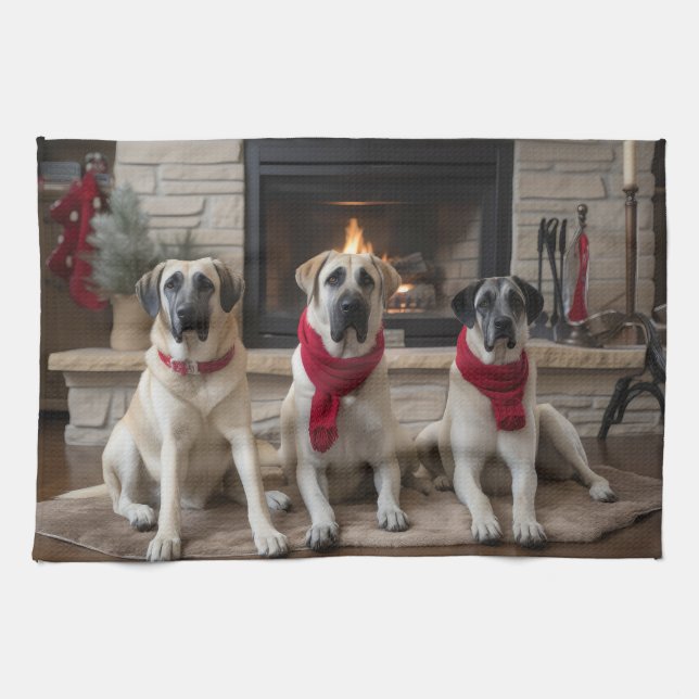 Anatolischer Schäferhund am Feuerplatz Weihnachten Geschirrtuch (Horizontal)