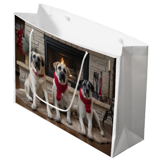 Anatolischer Schäferhund am Feuerplatz Weihnachten Große Geschenktüte (Vorderseite Schrägansicht)
