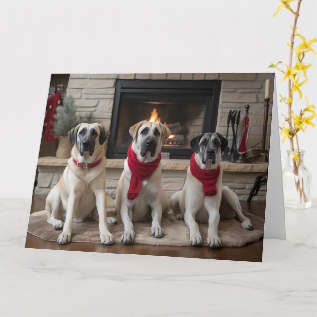Anatolischer Schäferhund am Feuerplatz Weihnachten Karte (Gelbe Blume)