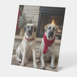 Anatolischer Schäferhund am Feuerplatz Weihnachten Sockelschild