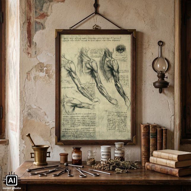 Anatomie Arm und Schulter von Leonardo da Vinci Poster (Arm and Shoulder Muscles by Leonardo da Vinci is a Renaissance Era human anatomy sketch.)