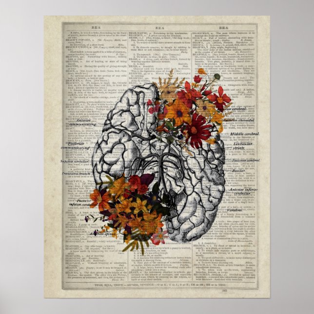 Anatomie des menschlichen Gehirns mit Blume Poster (Vorne)