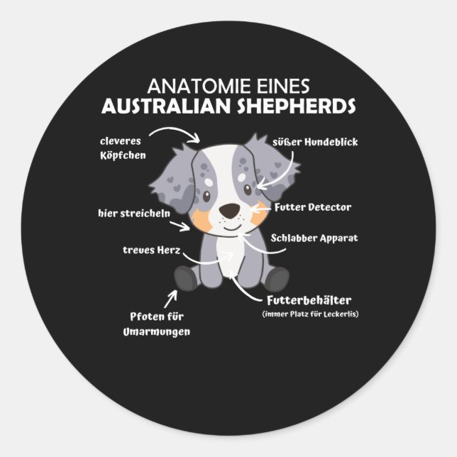 Anatomie eines australischen Hirten süße Hunde Runder Aufkleber (Vorderseite)