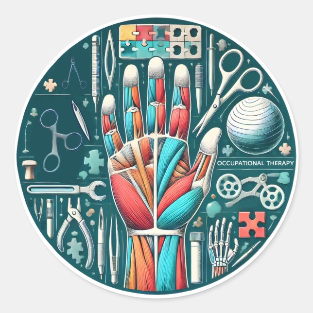 Anatomie und Werkzeuge der Arbeitstherapie Runder Aufkleber (Vorderseite)