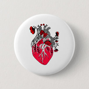 Anatomisches Herz blühende rote Blumen Valentinsta Button