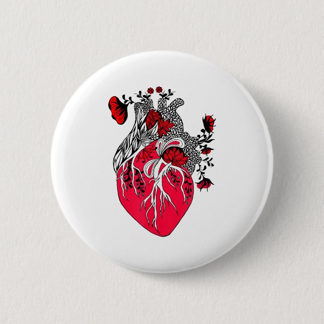 Anatomisches Herz blühende rote Blumen Valentinsta Button (Vorderseite)