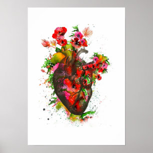 Anatomisches Herz mit Blume, Blumenherz Poster