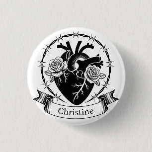 Anatomisches Herz-Tattoo: Schwarz-Weiß-Design Button