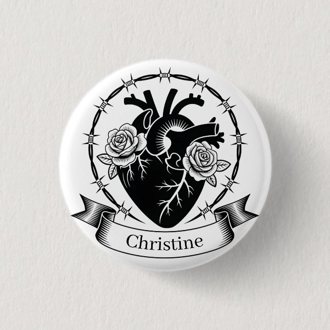 Anatomisches Herz-Tattoo: Schwarz-Weiß-Design  Button (Vorderseite)