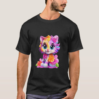 Anbetungswürdige Bunte Katze mit Blumen Große Auge T-Shirt