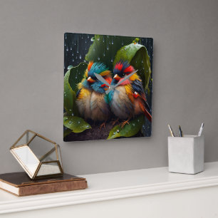 Anbetungswürdige flauschige bunte Vögel im Regen  Quadratische Wanduhr