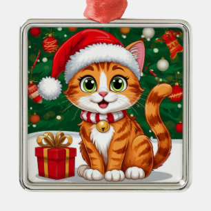 Anbetungswürdige Katze in Santa-Mütze mit Geschenk Ornament Aus Metall