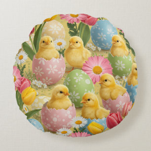 Anbetungswürdige Osterküken & Blumeneier-Muster Rundes Kissen