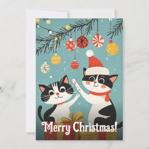Anbetungswürdige Schwarz-Weiß-Katzen Weihnachtsbau Feiertagskarte