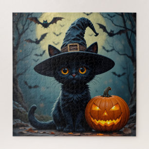Anbetungswürdige schwarze Katze mit Hexenhut