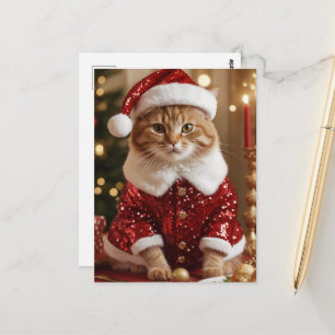 Anbetungswürdige Weihnachtskatze in Santa-Kostüm-P Postkarte