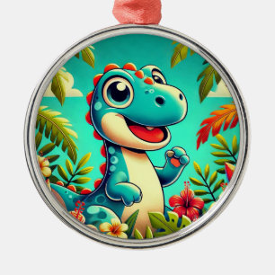 Anbetungswürdiger Cartoon-Dinosaurier inmitten von Ornament Aus Metall