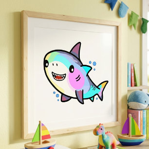Anbetungswürdiger Kawaii-Babyhai mit Regenbogen-Pa Fotodruck