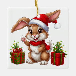 Anbetungswürdiger Weihnachts-Hase mit Santa-Hut Keramikornament