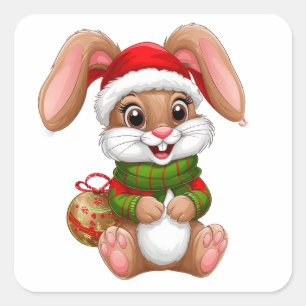 Anbetungswürdiger Weihnachts-Hase mit Santa-Hut Quadratischer Aufkleber