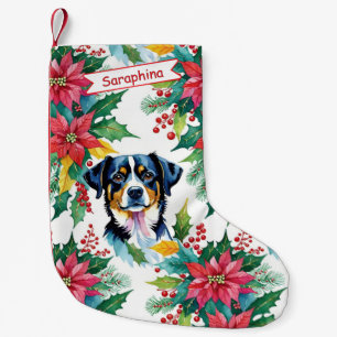 Anbetungswürdiger Weihnachtshund mit Poinsettien Kleiner Weihnachtsstrumpf