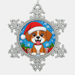 Anbetungswürdiger Welpe mit Santa-Hut und Weihnach Schneeflocken Zinn-Ornament