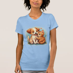 Anbetungswürdiger Welpe und Kätzchen umarmen sich T-Shirt