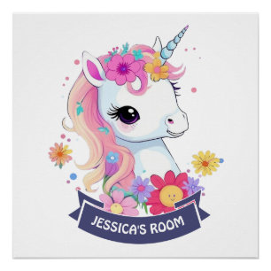 Anbetungswürdiges weißes Baby-Einhorn mit Blumen Poster
