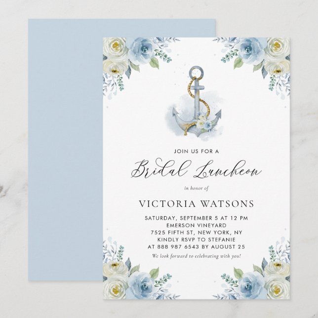 Anchor and Blue Flowers Nautical Bridal Luncheon Einladung (Vorne/Hinten)