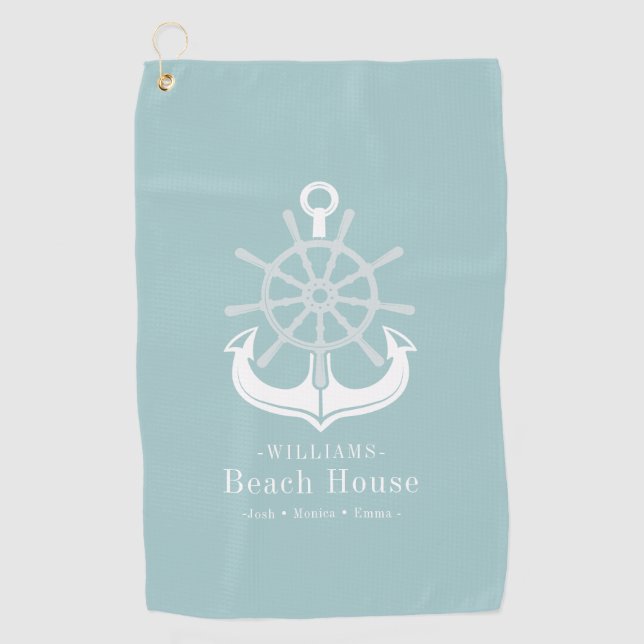Anchor Beach House Familienname Aquamarin Golfhandtuch (Vorderseite)