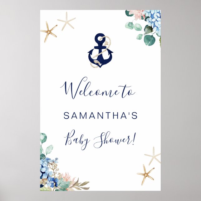 Anchor Beach Nautical Floral Baby Shower Welcome Poster (Vorne)