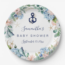 Anchor Blue Beach Nautical Floral Baby Dusche Pappteller